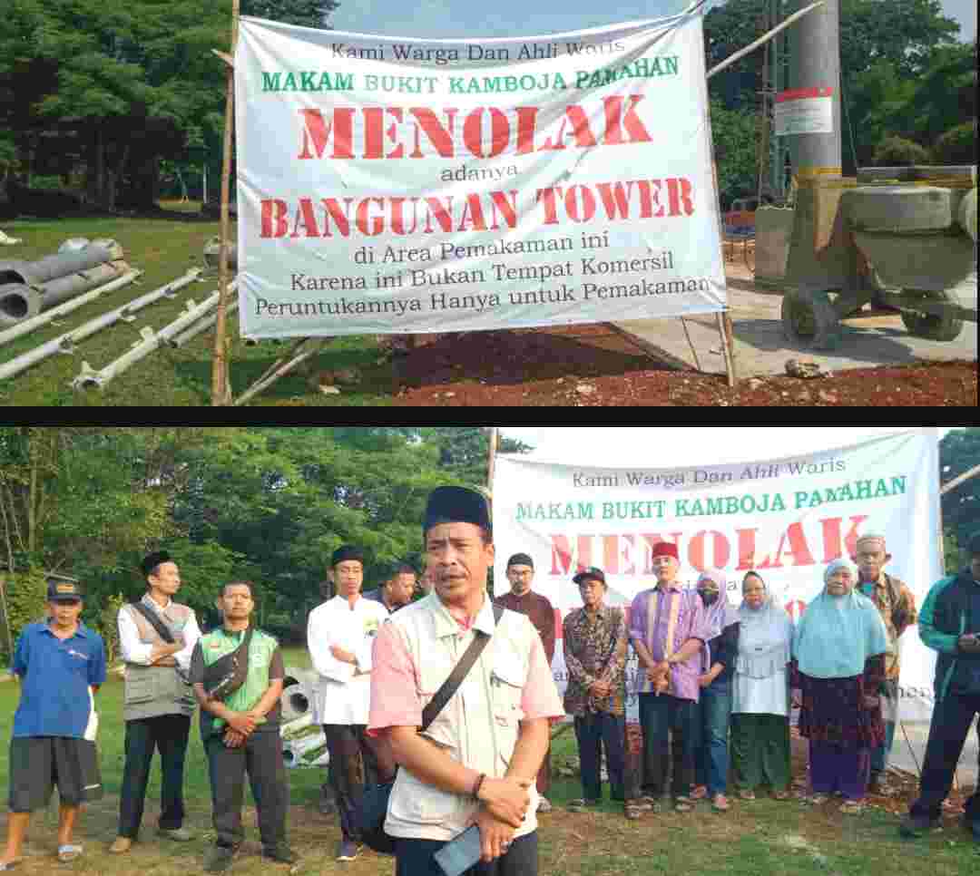 Tolak Pembangunan Tower Monopol di TPBU Makam Pamahan Serpong,Puluhan Warga Demo dan Pasang Spanduk