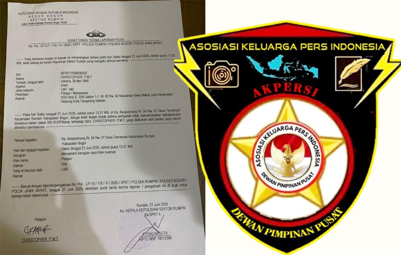 Ketua Umum AKPERSI Mendesak Kapolsek Rumpin Untuk Segera Menangkap Orang Yang Telah Menganiaya Anggota DPD AKPERSI Banten